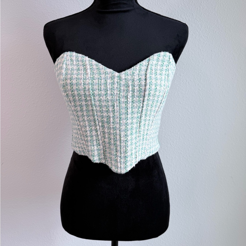 Zara Strapless Tweed Bustier Top in Mint & White